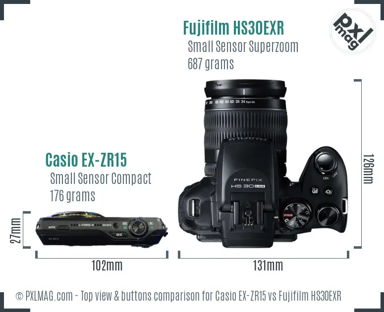 Casio EX-ZR15 vs Fujifilm HS30EXR top view buttons comparison Casio EX-ZR15 vs Fujifilm HS30EXR top view buttons comparison