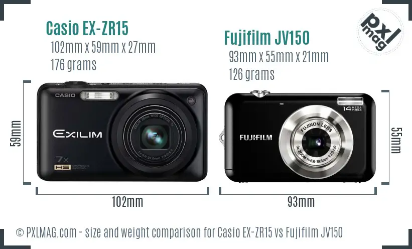 Casio EX-ZR15 vs Fujifilm JV150 size comparison