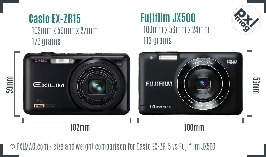 Casio EX-ZR15 vs Fujifilm JX500 size comparison