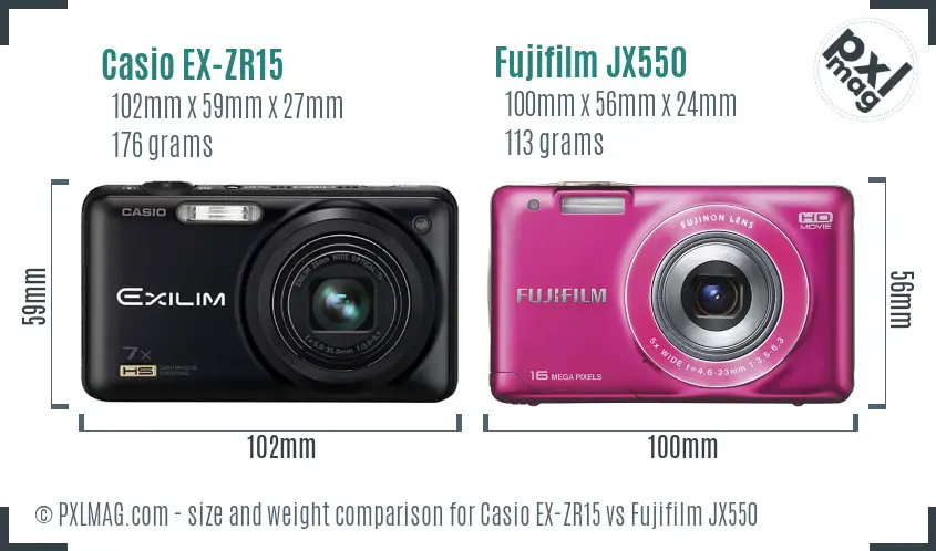 Casio EX-ZR15 vs Fujifilm JX550 size comparison