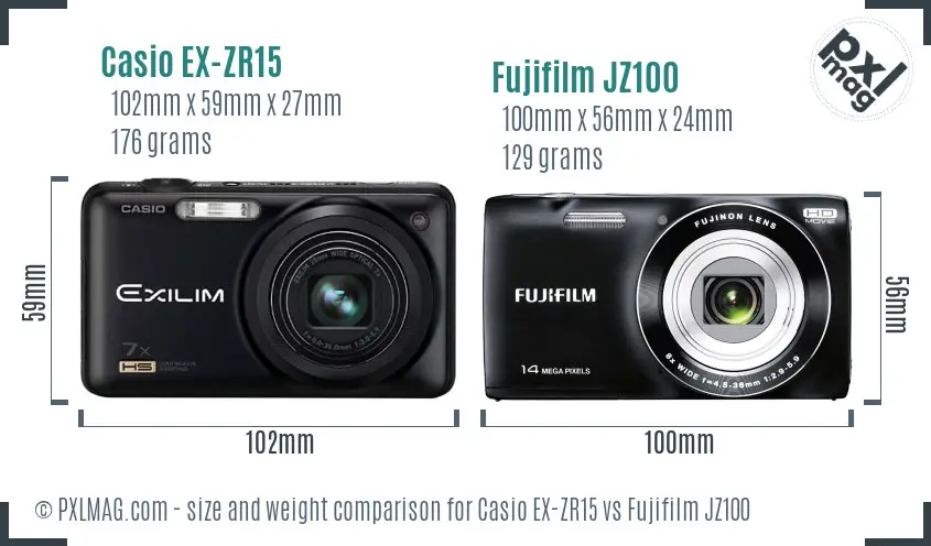 Casio EX-ZR15 vs Fujifilm JZ100 size comparison