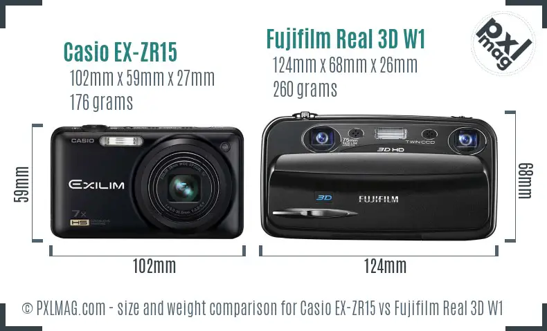 Casio EX-ZR15 vs Fujifilm Real 3D W1 size comparison