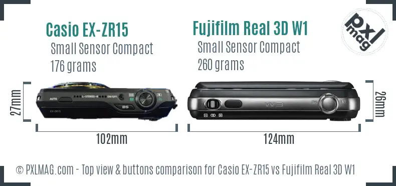 Casio EX-ZR15 vs Fujifilm Real 3D W1 top view buttons comparison