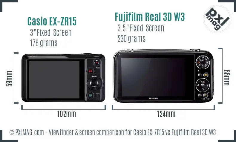 Casio EX-ZR15 vs Fujifilm Real 3D W3 Screen and Viewfinder comparison