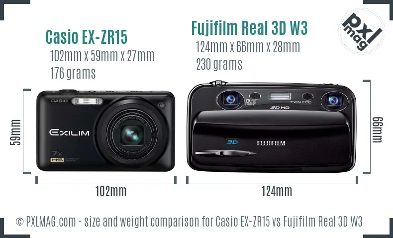 Casio EX-ZR15 vs Fujifilm Real 3D W3 size comparison