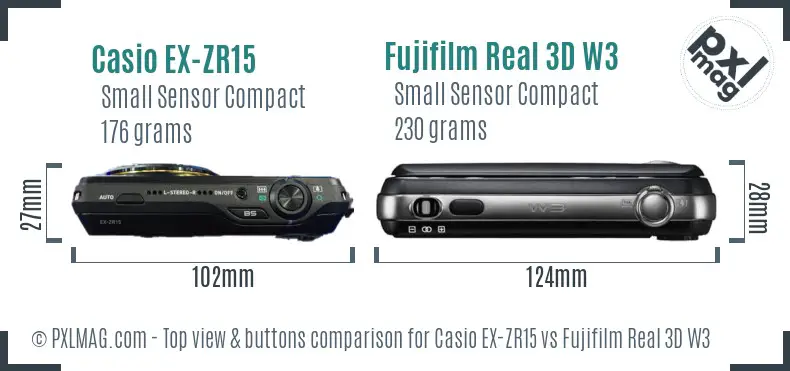 Casio EX-ZR15 vs Fujifilm Real 3D W3 top view buttons comparison