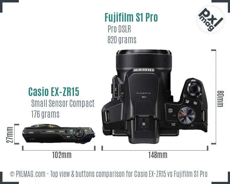 Casio EX-ZR15 vs Fujifilm S1 Pro top view buttons comparison