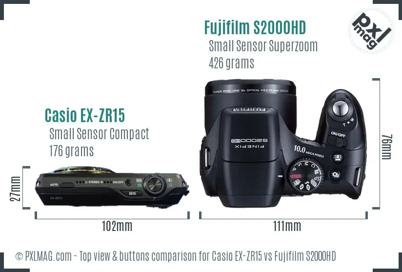 Casio EX-ZR15 vs Fujifilm S2000HD top view buttons comparison Casio EX-ZR15 vs Fujifilm S2000HD top view buttons comparison