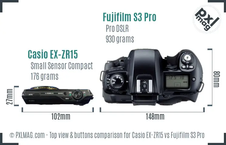 Casio EX-ZR15 vs Fujifilm S3 Pro top view buttons comparison Casio EX-ZR15 vs Fujifilm S3 Pro top view buttons comparison