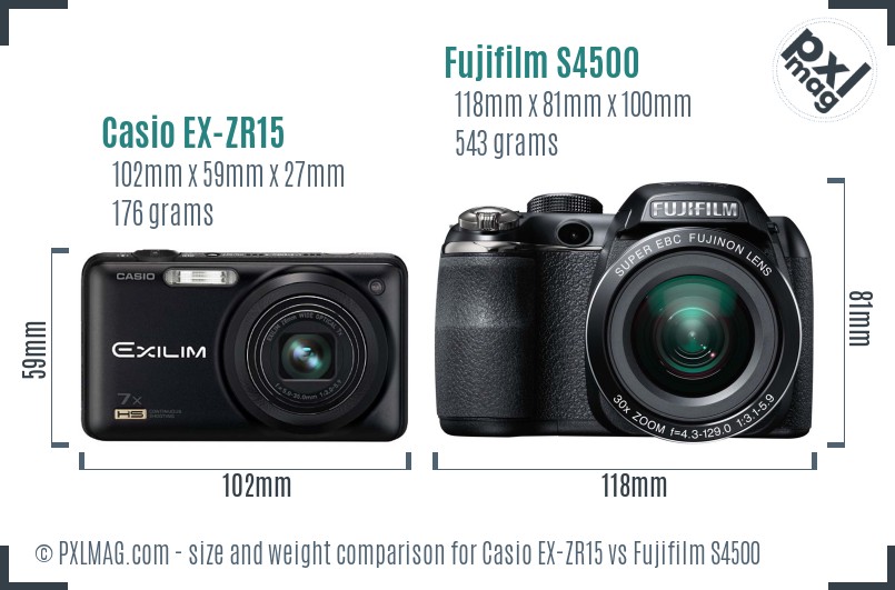 Casio EX-ZR15 vs Fujifilm S4500 size comparison Casio EX-ZR15 vs Fujifilm S4500 size comparison