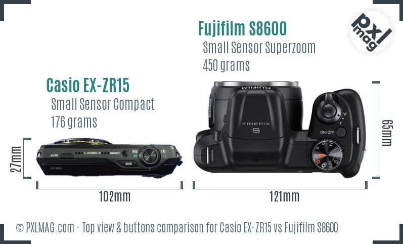 Casio EX-ZR15 vs Fujifilm S8600 top view buttons comparison