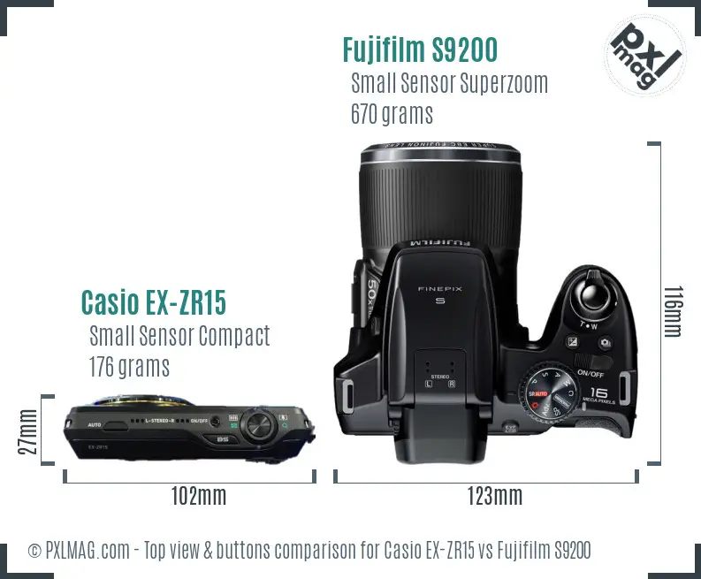 Casio EX-ZR15 vs Fujifilm S9200 top view buttons comparison Casio EX-ZR15 vs Fujifilm S9200 top view buttons comparison