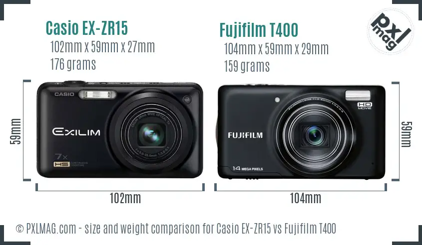 Casio EX-ZR15 vs Fujifilm T400 size comparison