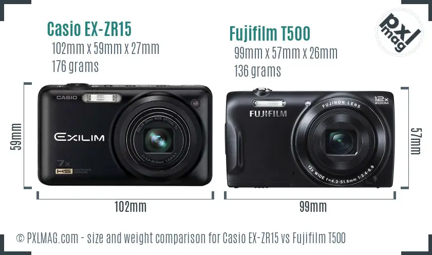 Casio EX-ZR15 vs Fujifilm T500 size comparison