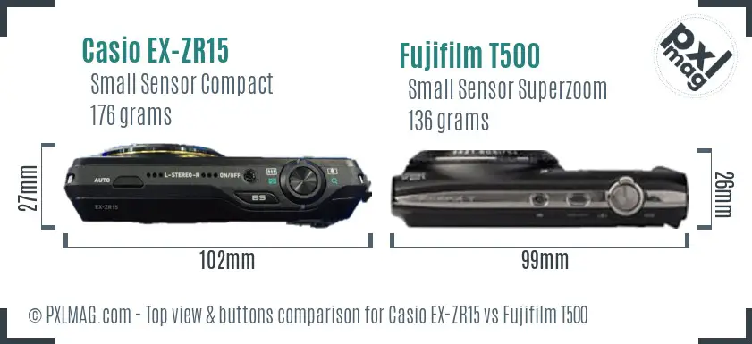 Casio EX-ZR15 vs Fujifilm T500 top view buttons comparison