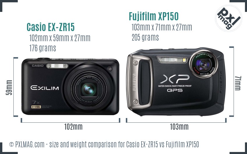 Casio EX-ZR15 vs Fujifilm XP150 size comparison