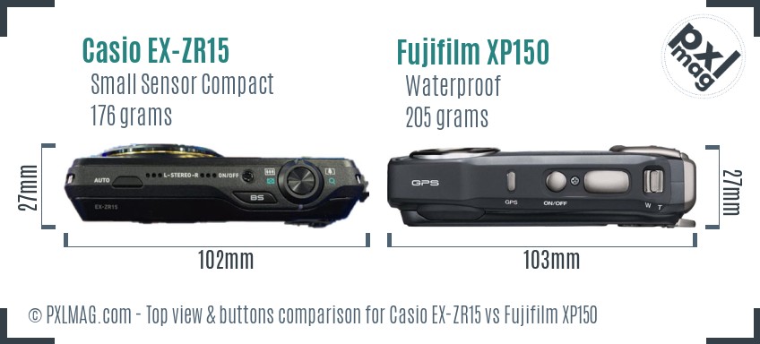 Casio EX-ZR15 vs Fujifilm XP150 top view buttons comparison