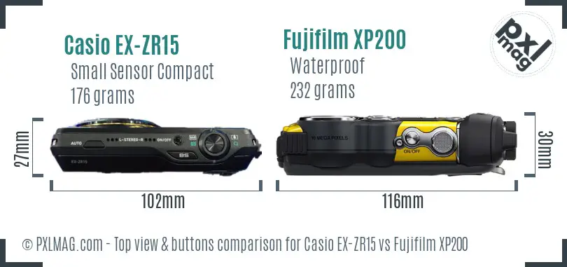 Casio EX-ZR15 vs Fujifilm XP200 top view buttons comparison Casio EX-ZR15 vs Fujifilm XP200 top view buttons comparison
