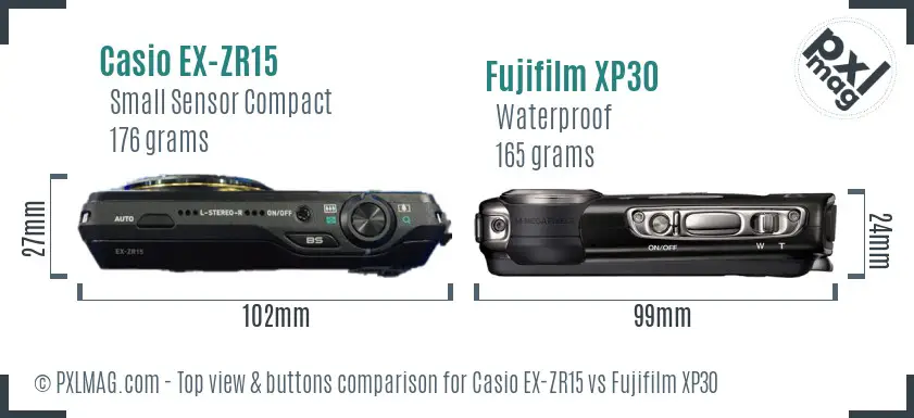 Casio EX-ZR15 vs Fujifilm XP30 top view buttons comparison Casio EX-ZR15 vs Fujifilm XP30 top view buttons comparison