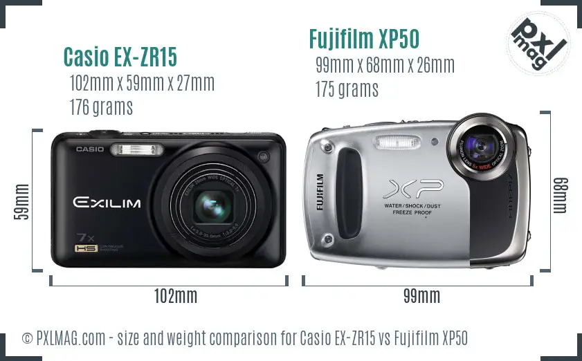 Casio EX-ZR15 vs Fujifilm XP50 size comparison