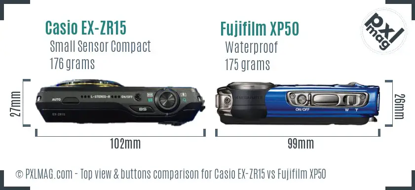 Casio EX-ZR15 vs Fujifilm XP50 top view buttons comparison
