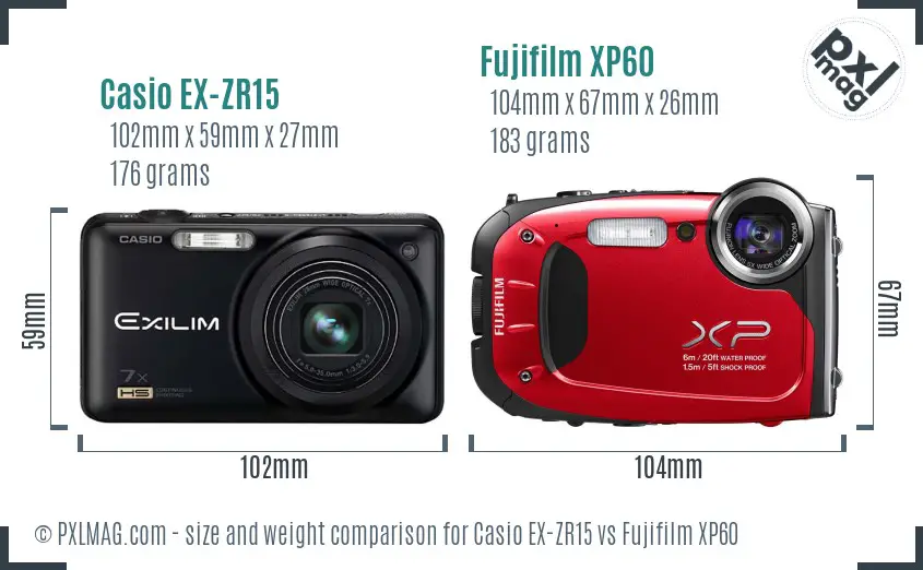 Casio EX-ZR15 vs Fujifilm XP60 size comparison