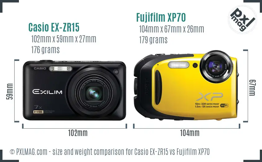 Casio EX-ZR15 vs Fujifilm XP70 size comparison