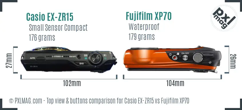 Casio EX-ZR15 vs Fujifilm XP70 top view buttons comparison