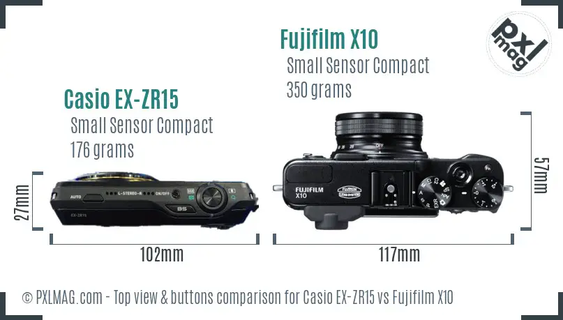 Casio EX-ZR15 vs Fujifilm X10 top view buttons comparison Casio EX-ZR15 vs Fujifilm X10 top view buttons comparison