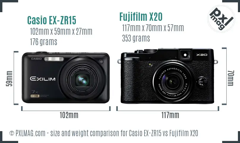 Casio EX-ZR15 vs Fujifilm X20 size comparison