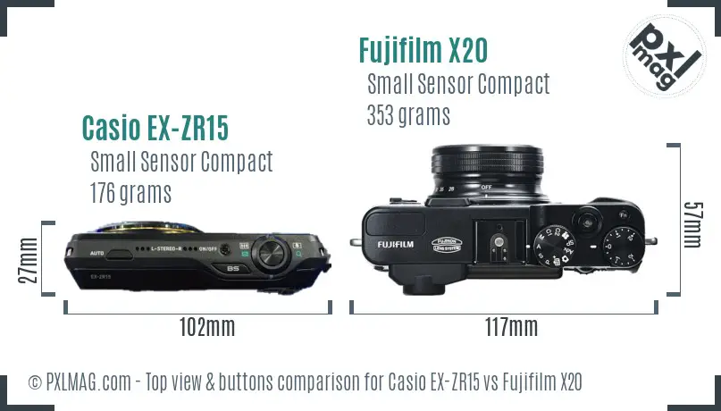 Casio EX-ZR15 vs Fujifilm X20 top view buttons comparison