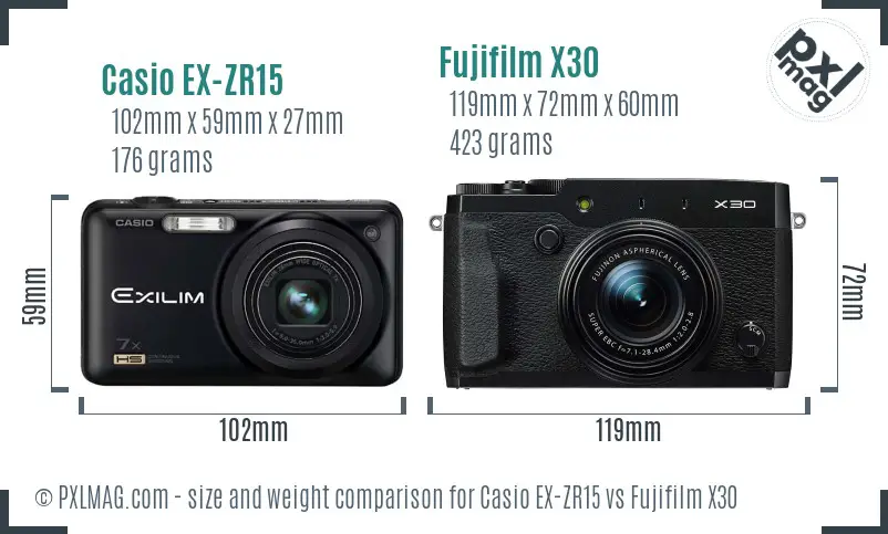 Casio EX-ZR15 vs Fujifilm X30 size comparison