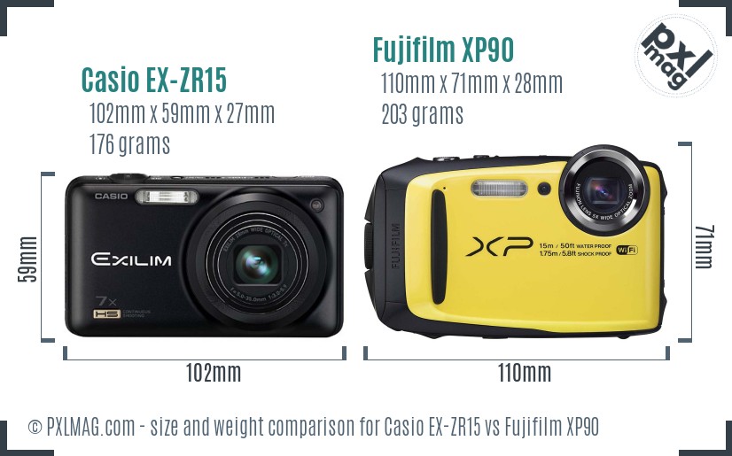 Casio EX-ZR15 vs Fujifilm XP90 size comparison