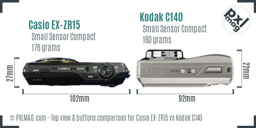 Casio EX-ZR15 vs Kodak C140 top view buttons comparison Casio EX-ZR15 vs Kodak C140 top view buttons comparison