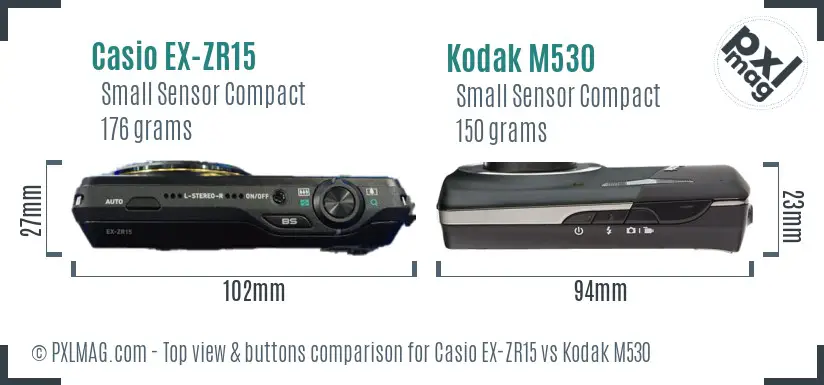 Casio EX-ZR15 vs Kodak M530 top view buttons comparison