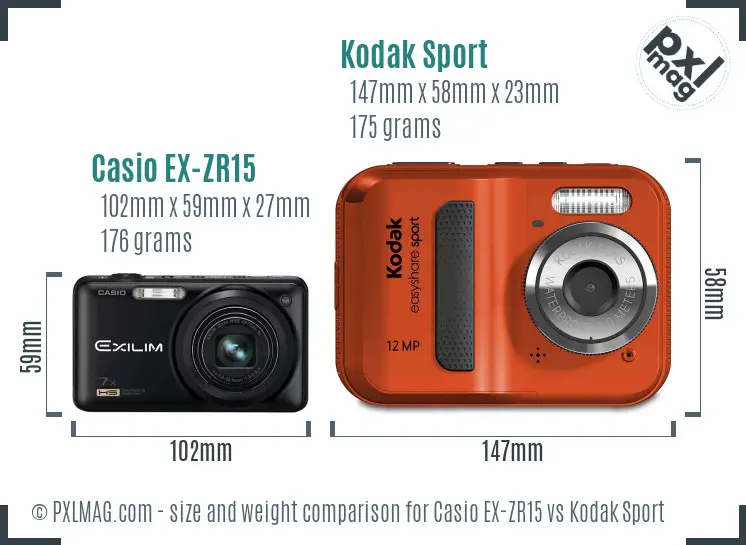 Casio EX-ZR15 vs Kodak Sport size comparison Casio EX-ZR15 vs Kodak Sport size comparison