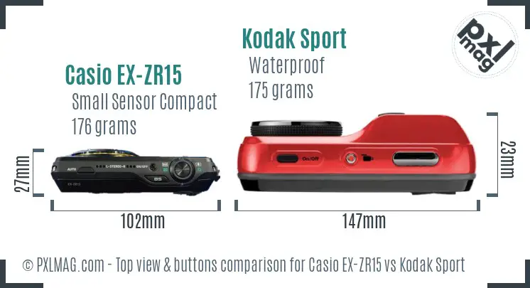 Casio EX-ZR15 vs Kodak Sport top view buttons comparison Casio EX-ZR15 vs Kodak Sport top view buttons comparison