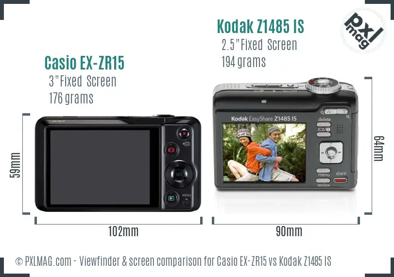 Casio EX-ZR15 vs Kodak Z1485 IS Screen and Viewfinder comparison