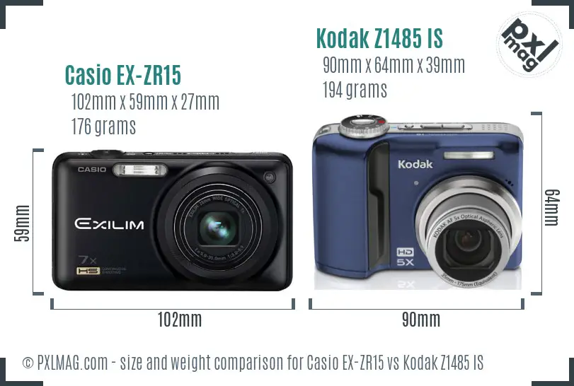 Casio EX-ZR15 vs Kodak Z1485 IS size comparison