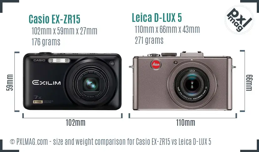 Casio EX-ZR15 vs Leica D-LUX 5 size comparison