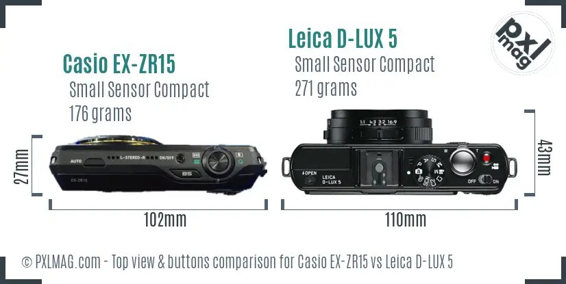 Casio EX-ZR15 vs Leica D-LUX 5 top view buttons comparison