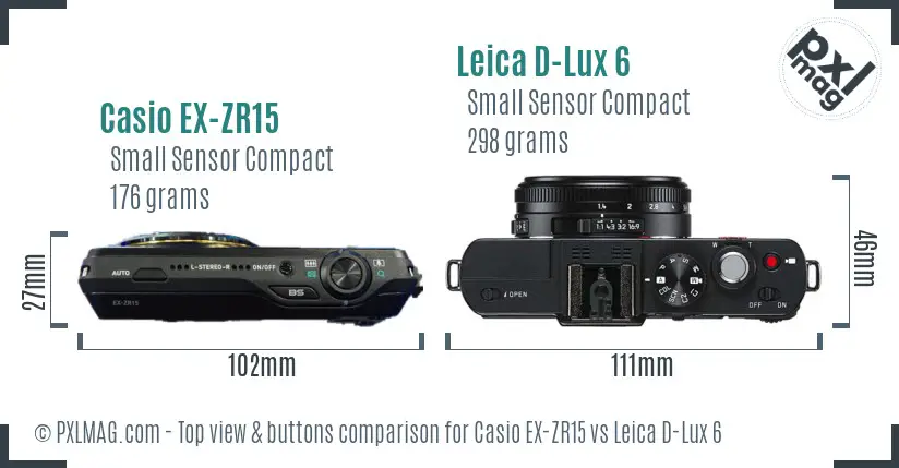 Casio EX-ZR15 vs Leica D-Lux 6 top view buttons comparison Casio EX-ZR15 vs Leica D-Lux 6 top view buttons comparison