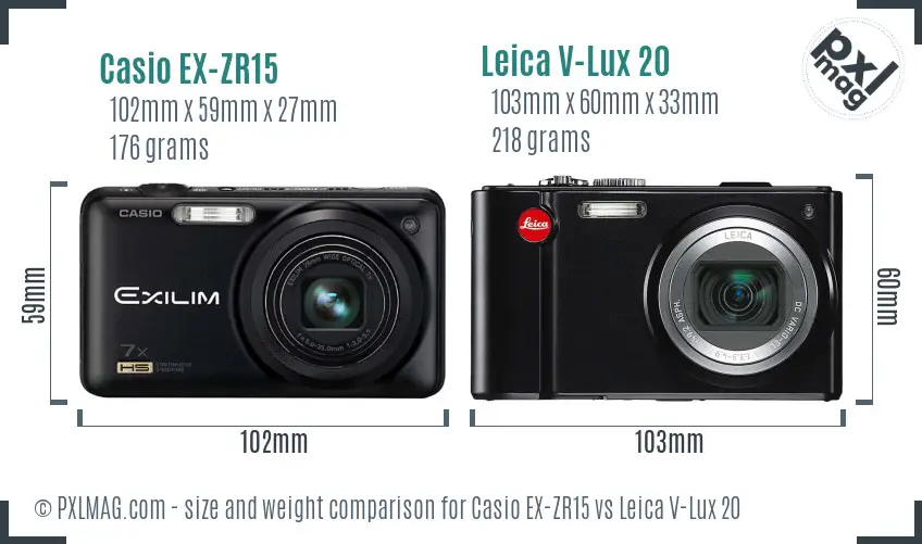 Casio EX-ZR15 vs Leica V-Lux 20 size comparison Casio EX-ZR15 vs Leica V-Lux 20 size comparison