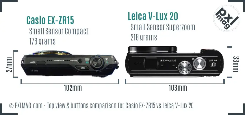 Casio EX-ZR15 vs Leica V-Lux 20 top view buttons comparison Casio EX-ZR15 vs Leica V-Lux 20 top view buttons comparison