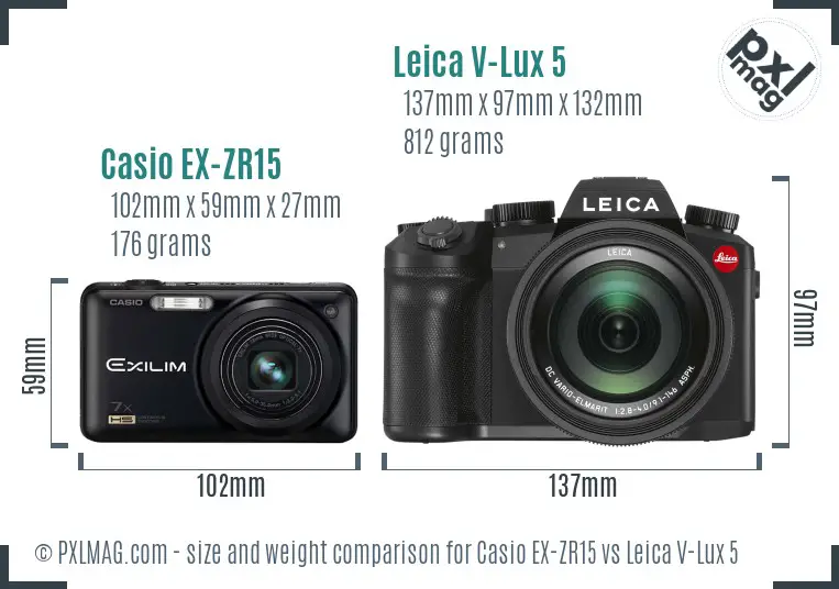 Casio EX-ZR15 vs Leica V-Lux 5 size comparison
