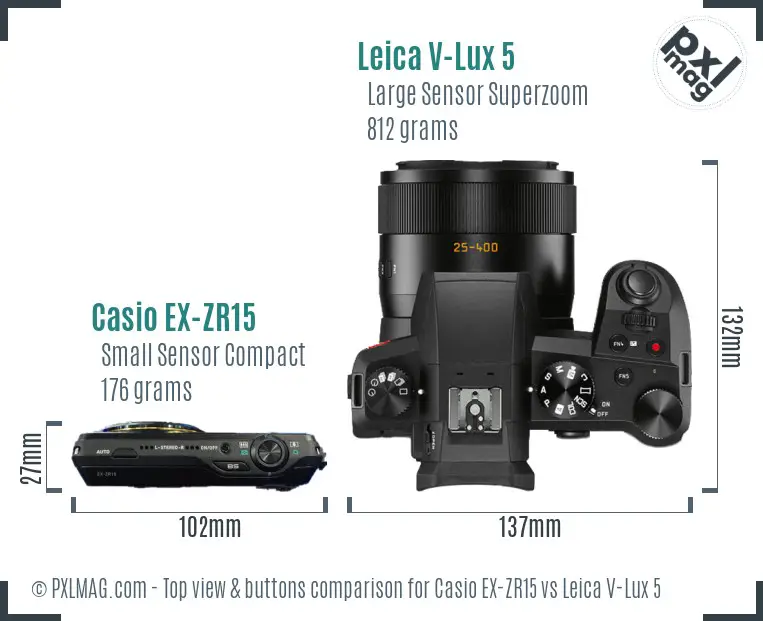 Casio EX-ZR15 vs Leica V-Lux 5 top view buttons comparison