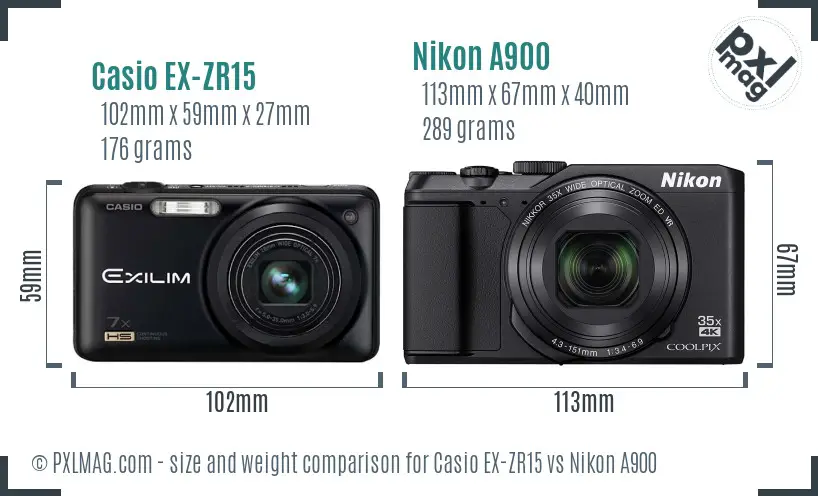 Casio EX-ZR15 vs Nikon A900 size comparison