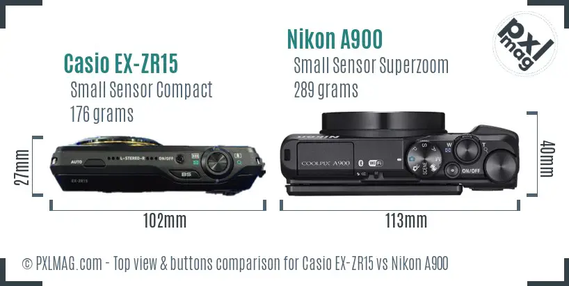 Casio EX-ZR15 vs Nikon A900 top view buttons comparison