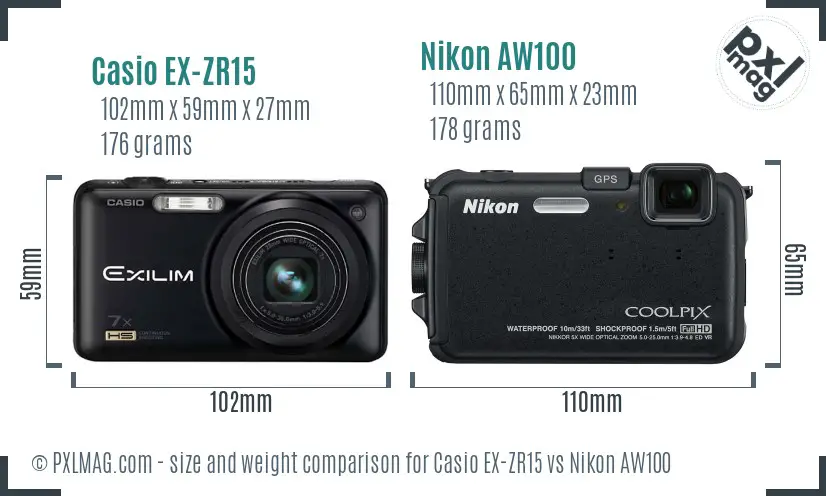 Casio EX-ZR15 vs Nikon AW100 size comparison