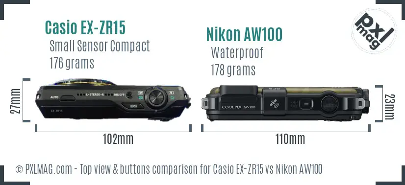 Casio EX-ZR15 vs Nikon AW100 top view buttons comparison